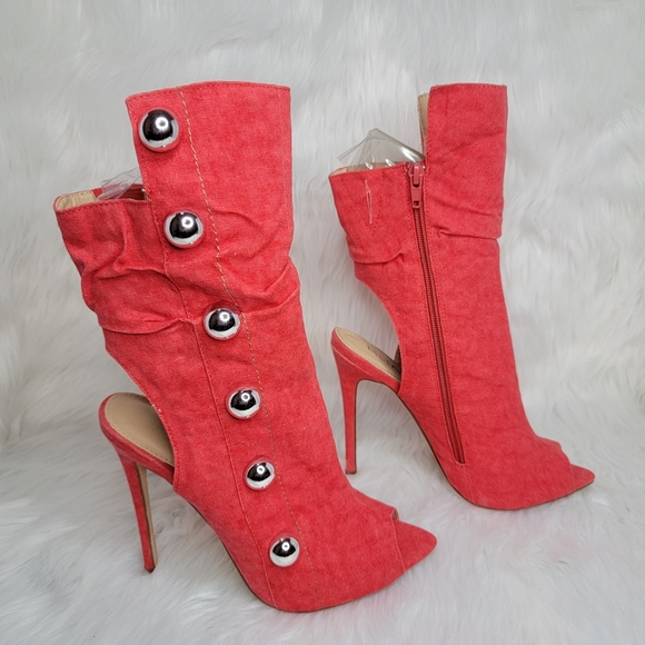 Liliana Shoes - Red boots stiletto heel open toe silver studs.